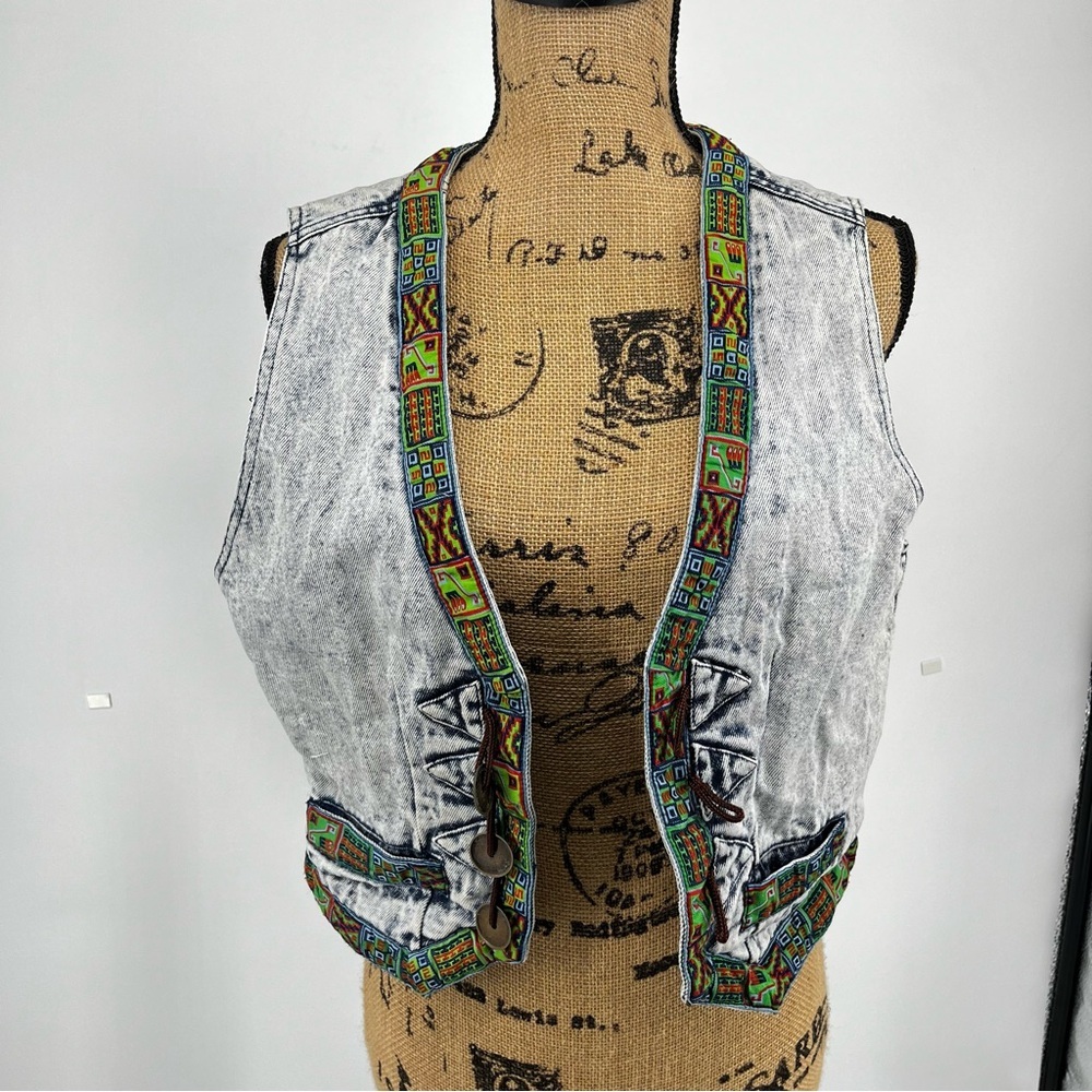 Don't Stop Denim Vest Womens M Blue Acid Wash Southwestern Boho Vtg 90s Artsy